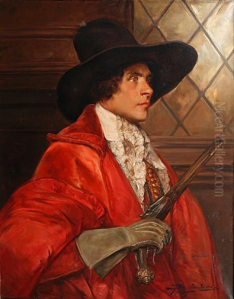 Portrait Of A Cavalier By A Leaded Glass Window Oil Painting by Alex De Andreis