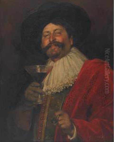 Laughing Cavalier Raising A Toast Oil Painting by Alex De Andreis