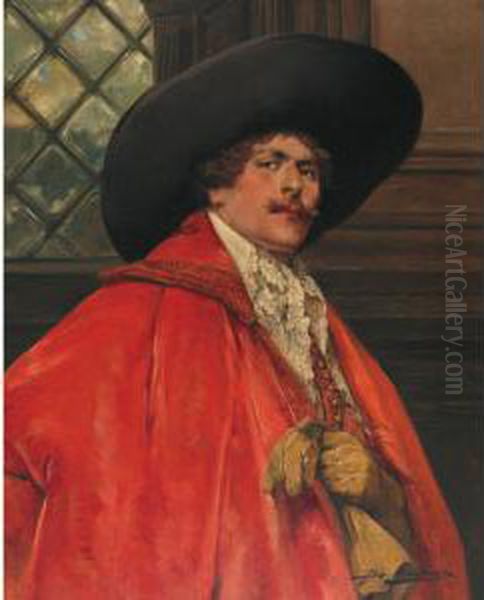 Cavalier In A Red Cape Oil Painting by Alex De Andreis