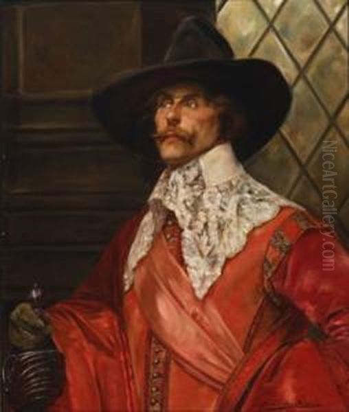 Cavalier In A Red Cloak Before A Leader Window Oil Painting by Alex De Andreis