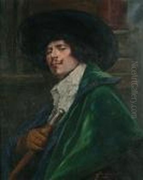 A Cavalier Wearing A Green Cloak, And A Cavalier Holding A Muskett Oil Painting by Alex De Andreis