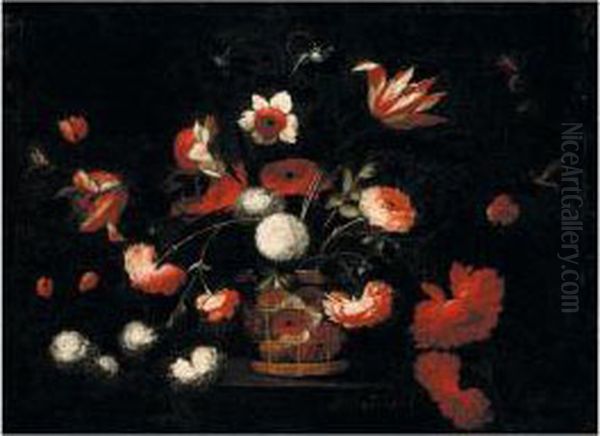 Still Life Of Various Flowers In A Basket On A Stone Ledge Oil Painting by Jose De Arellano