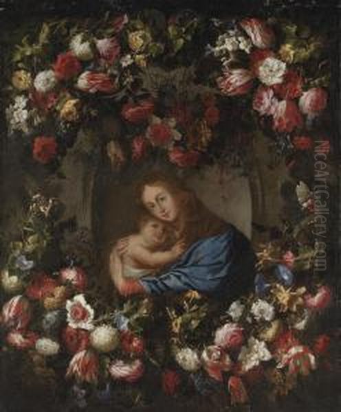 A Garland Of Roses, Tulips And 
Other Flowers Surrounding Amedallion Of The Virgin And Child Oil Painting by Juan De Arellano