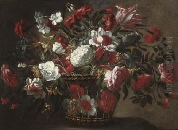 Tulips, Roses, Hydrangas And Other Flowers In A Wicker Basket On Aledge Oil Painting by Juan De Arellano