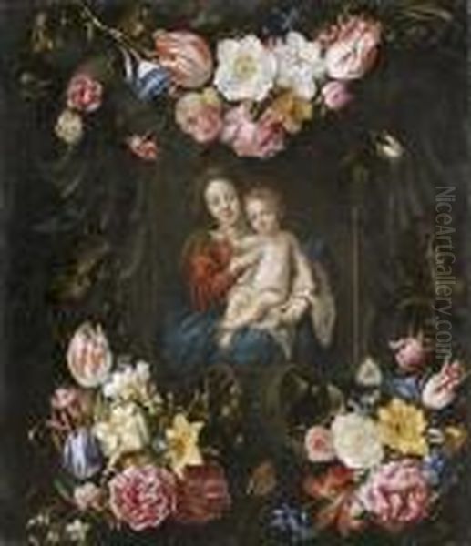 Vierge A L'enfant Dans Une Guirlande De Fleurs, D'apres Oil Painting by Juan De Arellano