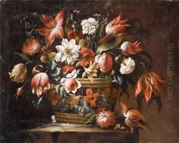 Rose, Anemoni, Tulipani E Altrifiori In Un Cesto Di Vimini Oil Painting by Juan De Arellano