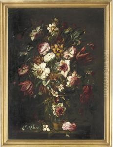 Roses, Iris, Hydrangea And 
Parrot Tulips In A Basket; And Narcissi, Roses, Iris And Other Flowers 
In A Basket, With A Bee And A Butterfly Oil Painting by Juan De Arellano