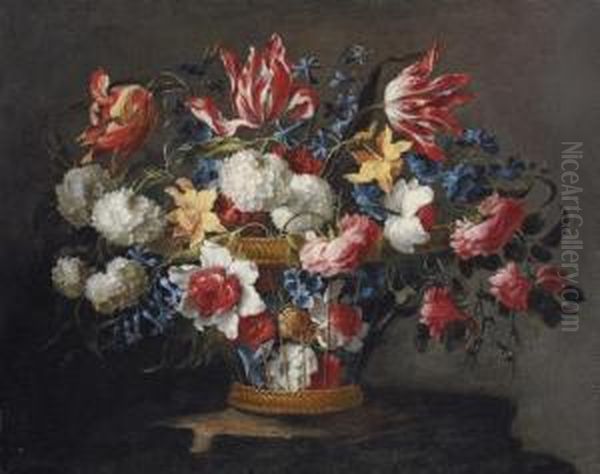 Snowballs, Daffodils, Tulips, Roses And Other Flowers In A Wicker Basket On A Ledge Oil Painting by Juan De Arellano