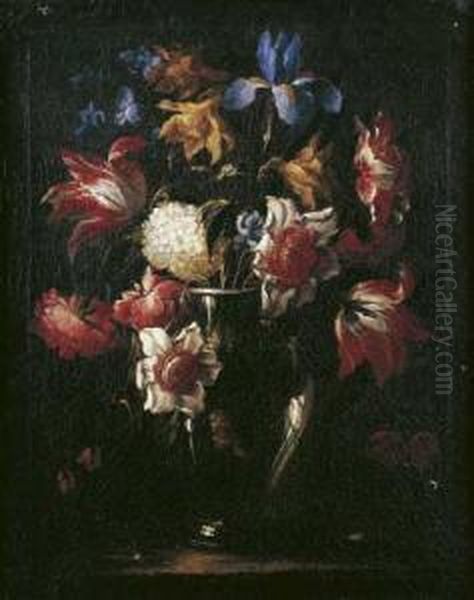 Nature Morte Au Bouquet De Tulipes, Jonquilles Et Pivoines
 Dans Un Vase En Verre Sur Un Entablement Oil Painting by Juan De Arellano