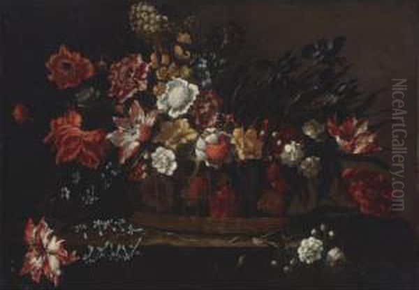 Still Life Of Flowers In A Basket Oil Painting by Juan De Arellano