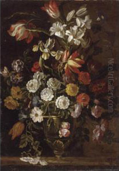 Still Life Of Roses, Tulips, Morning Glory, Lilies, And Various Other Flowers Oil Painting by Juan De Arellano