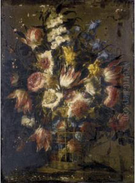 Still Life Of Flowers In A Wicker Basket Oil Painting by Juan De Arellano