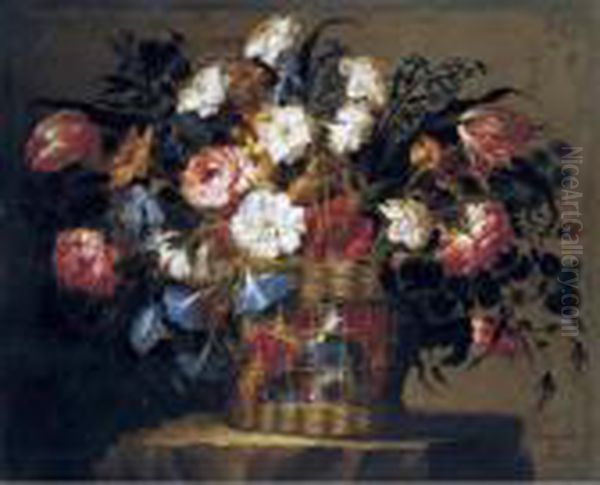 Still Life Of Flowers In A Basket Oil Painting by Juan De Arellano