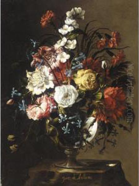 Still Life Of Roses, Carnations,
 Anemonies, Syringa, Peonies And Hyacinths In A Glass Vase, Upon A Stone
 Plinth Oil Painting by Juan De Arellano