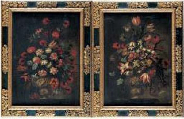 Bouquets De Fleurs Dans Des Vases Ornes Oil Painting by Juan De Arellano