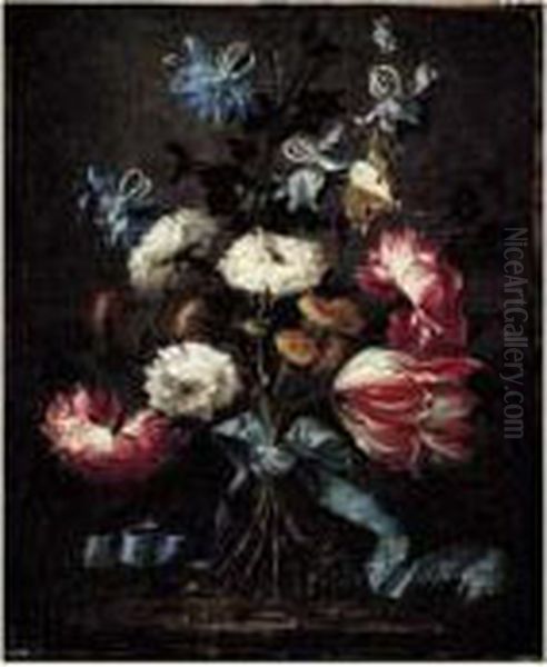 Bouquet De Fleurs Retenu Par Un Noeud Bleu Oil Painting by Juan De Arellano