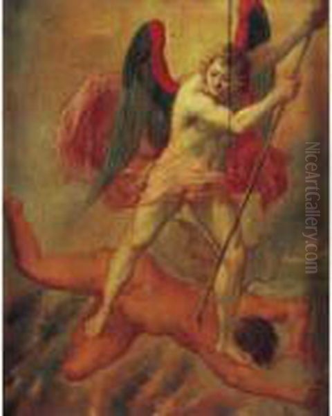 L'archange De Saint Michel Combattant Le Demon. Oil Painting by Jacob I De Backer