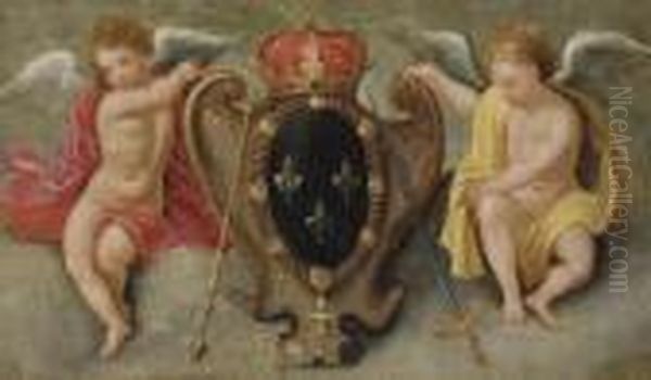 Two Putti Carrying The Royal Coat-of-arms Of France Oil Painting by Cornelis de Baellieur