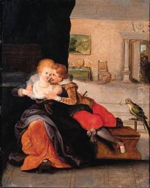 A Couple Embracing In An Interior Oil Painting by Cornelis de Baellieur