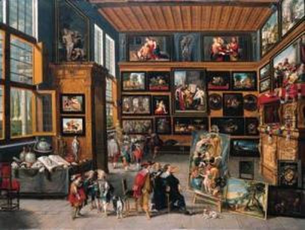 A Spacious Entrance Hall: The 
Walls Hung With Pictures, Collectors'items On Tables, And An Artist 
Showing A Painting To Aconnoisseur. Oil Painting by Cornelis de Baellieur