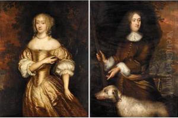 Portraits Of A Gentleman And His
 Wife, Both Half-length, He Wearing Brown And Holding A Musket With His 
Hound Beside Him, She Wearing A Gold Dress Oil Painting by Jan de Baen