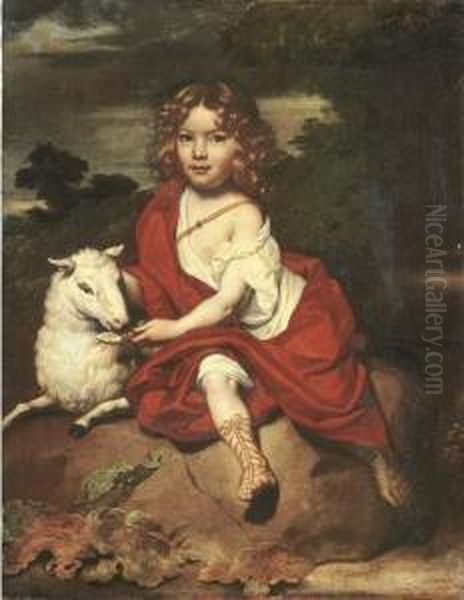 Portrait Of A Young Boy, Seated 
Full-length, With A Sheep, On A Rock, A Wooded Landscape Beyond Oil Painting by Jan de Baen