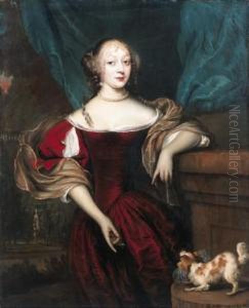 Portrait Of A Lady, Standing 
Three Quarter Length By A Drapedcolumn, Wearing A Decollete Red Dress, 
Lace Chemise, Brocade Wrapand Pearls, With Her Right Hand Pointing To 
Her Dog Oil Painting by Jan de Baen