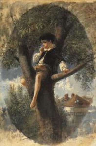 Jeune Garcon Perche Sur Un Arbre, Mangeant Des Cerises Oil Painting by Edouard Charles De Beaumont