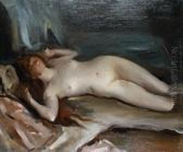 A Nude Reclining On A Bed Oil Painting by Albert De Belleroche