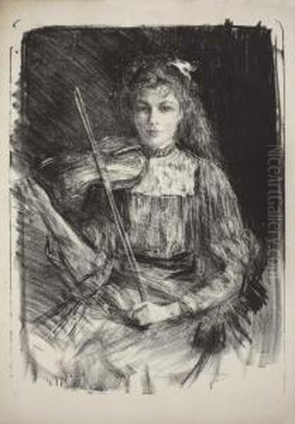 Ms. King Au Violin Oil Painting by Albert De Belleroche