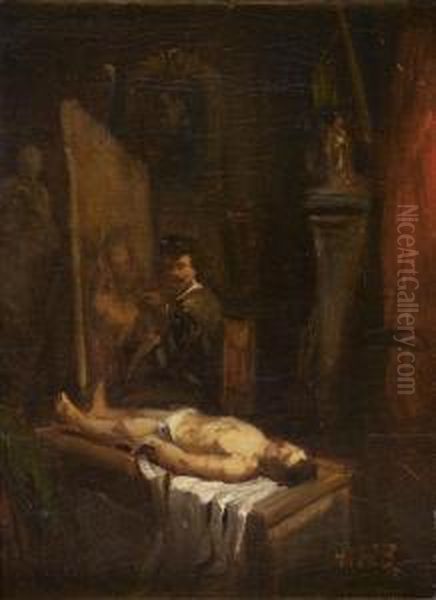 Rembrandt Dans Son Atelier Peignant La Lecon D'anatomie Oil Painting by Tony Francis De Bergue