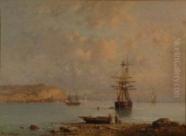 Shipping Becalmed Off A Continental Harbour Oil Painting by Tony Francis De Bergue