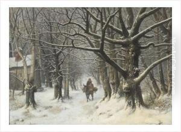 Promenade De L'ane Dans Un Bois Enneige Oil Painting by Tony Francis De Bergue