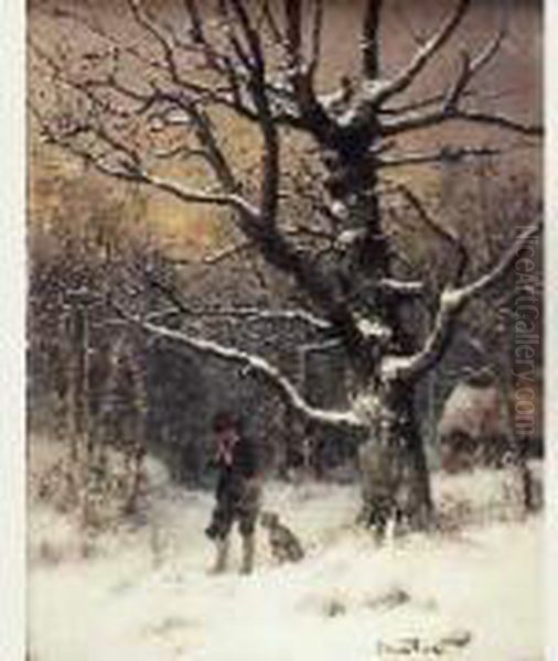 Chasseur Et Son Chien Dans La Neige Oil Painting by Tony Francis De Bergue