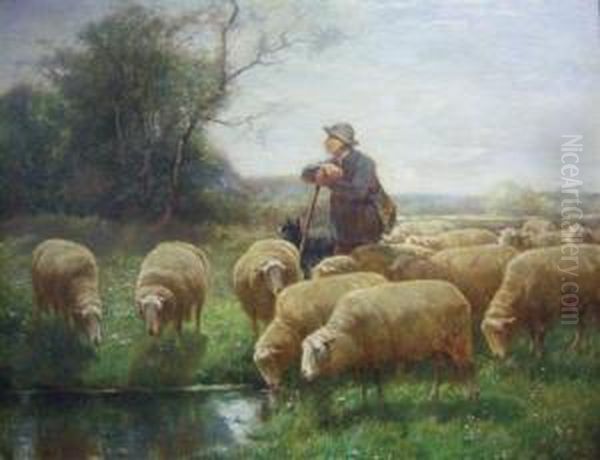 Depicting A Sheep Herder With His Flock Oil Painting by Franz De Beul