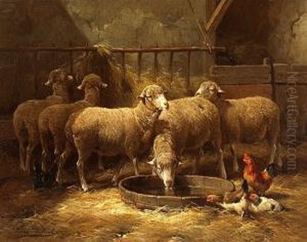 Sheep And Chickens In A Barn Oil Painting by Franz De Beul