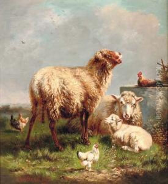 Sheep And Chickens In A Pasture Oil Painting by Henri De Beul