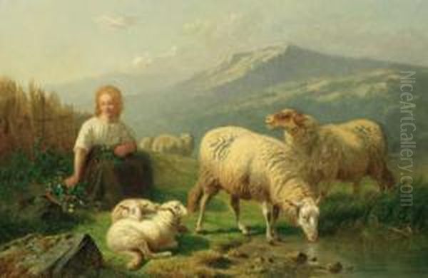 A Young Shepherdess And Her Flock In A Mountainous Landscape Oil Painting by Laurent De Beul