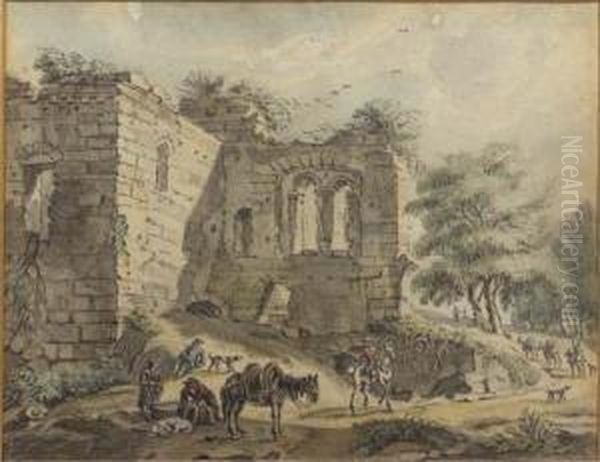 Travellers And Peasants With A 
Packhorse On A Road By A Ruined Villa; And A Horseman And Peasants By A 
Vaulted Ruin Oil Painting by Jan De Beyer