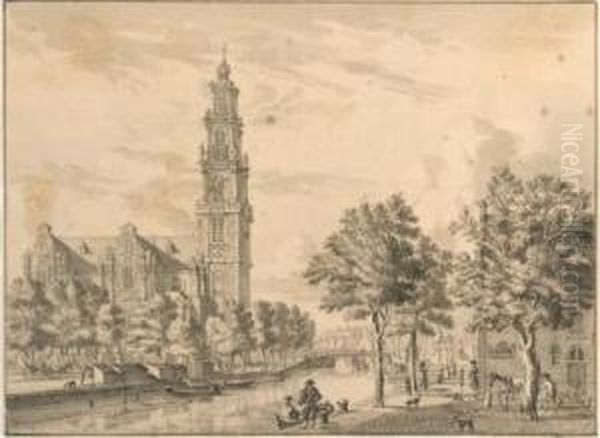 The Westerkerk On The Prinsengracht, Amsterdam, Seen From Thecorner Of The Bloemgracht Oil Painting by Jan De Beyer