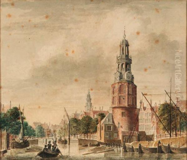 A View Of The Oude Schans With 
The Montelbaanstoren, Amsterdam, Thetower Of The Zuiderkerk Beyond Oil Painting by Jan De Beyer