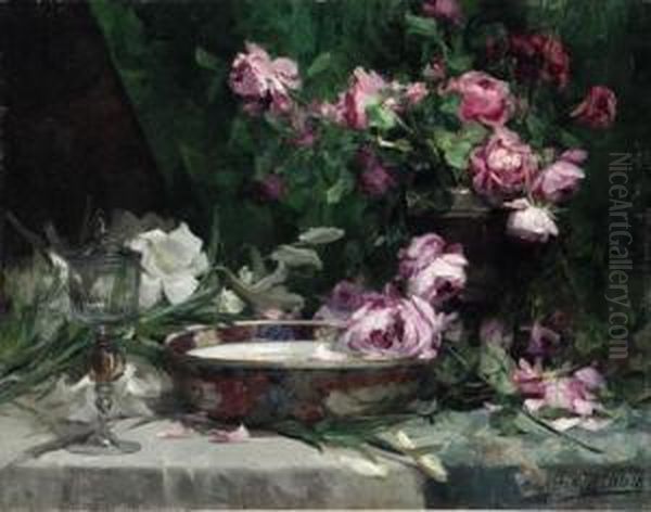 Still Life With Roses And Lillies Oil Painting by Marie De Bievre