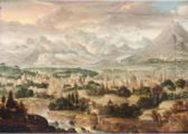 A View Of A Town With Mountains Beyond Oil Painting by Herri met de Bles