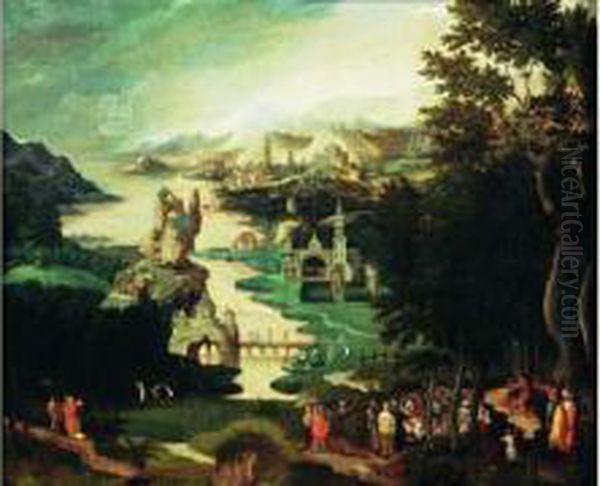 La Predication De Saint Jean-baptiste Devant Un Paysage Panoramique Oil Painting by Herri met de Bles