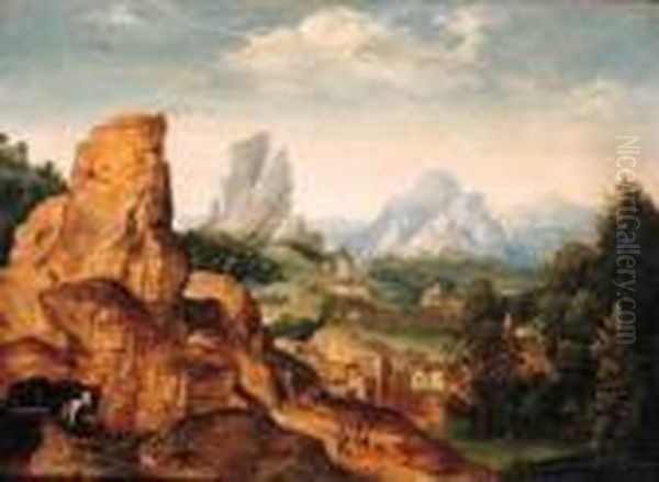 The Penitent Saint Jerome In A Grotto In A Mountainouslandscape Oil Painting by Herri met de Bles