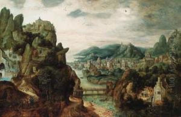 A Panoramic Mountain Landscape, 
With An Extensive Town By A River,christ With Cleopas And Peter On The 
Way To Emmaus In Theforeground, And The Subsequent Supper Taking Place 
In A Gothicbuilding Beyond Oil Painting by Herri met de Bles