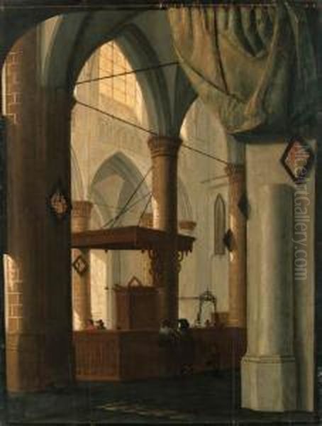 The Interior Of A Gothic Church 
With An Elegant Couple, A Trompe-l'oeil Curtain Above Set Against A 
Feigned Black Frame Oil Painting by Daniel de Blieck