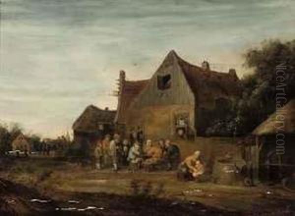 A Wooded Landscape With Peasants Outside A Tavern Oil Painting by Pieter de Bloot