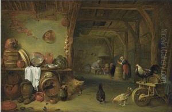 A Barn Interior With A Still 
Life Of Fish On A Plate, A Cabbage,earthenware And Copper Pots And Pans 
And Other Kitchen Utensils,together With A Boar And Three Chickens, A 
Group Of Peasants In Thebackground Oil Painting by Pieter de Bloot