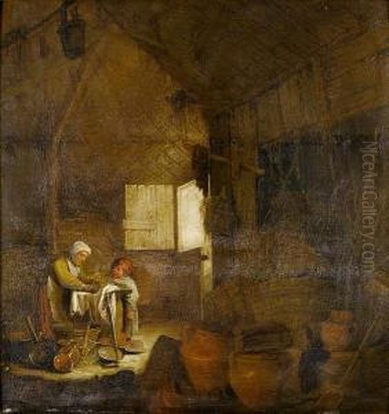 A Barn Interior With A Peasant Woman Scouringpans Oil Painting by Pieter de Bloot